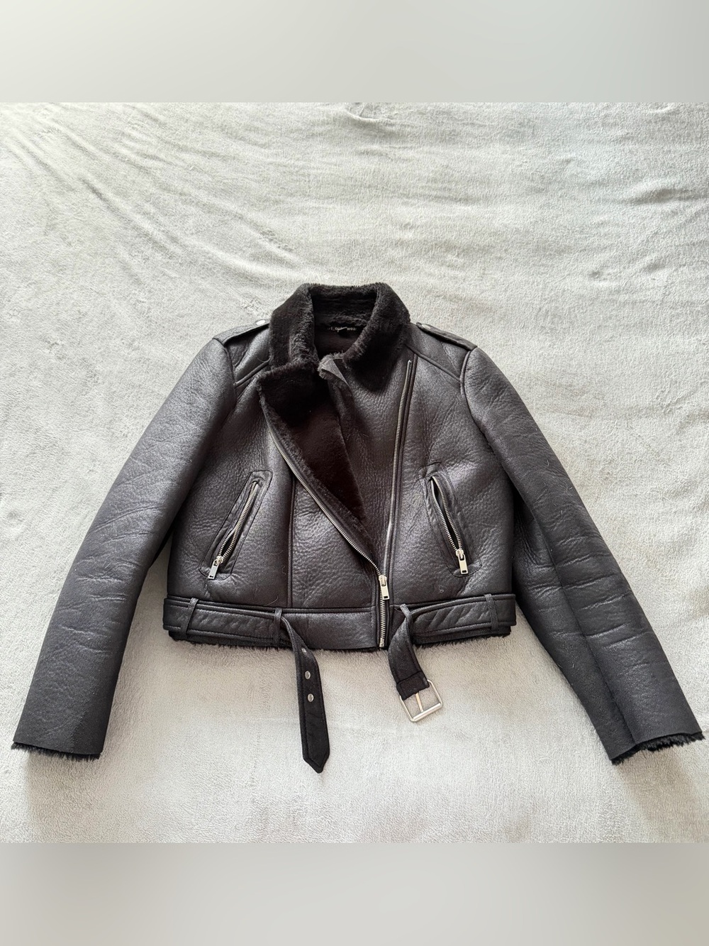 Zara Black Shearling-Lined Moto Jacket